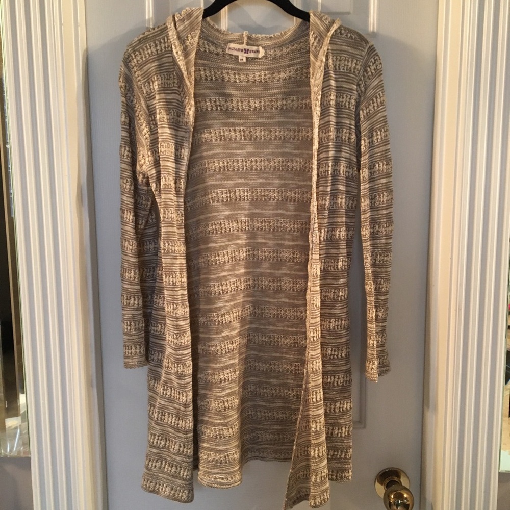 Khaki and cream open sweater with hoodie